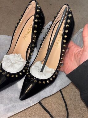 Black Studded Patent Pointed-Toe Pumps
